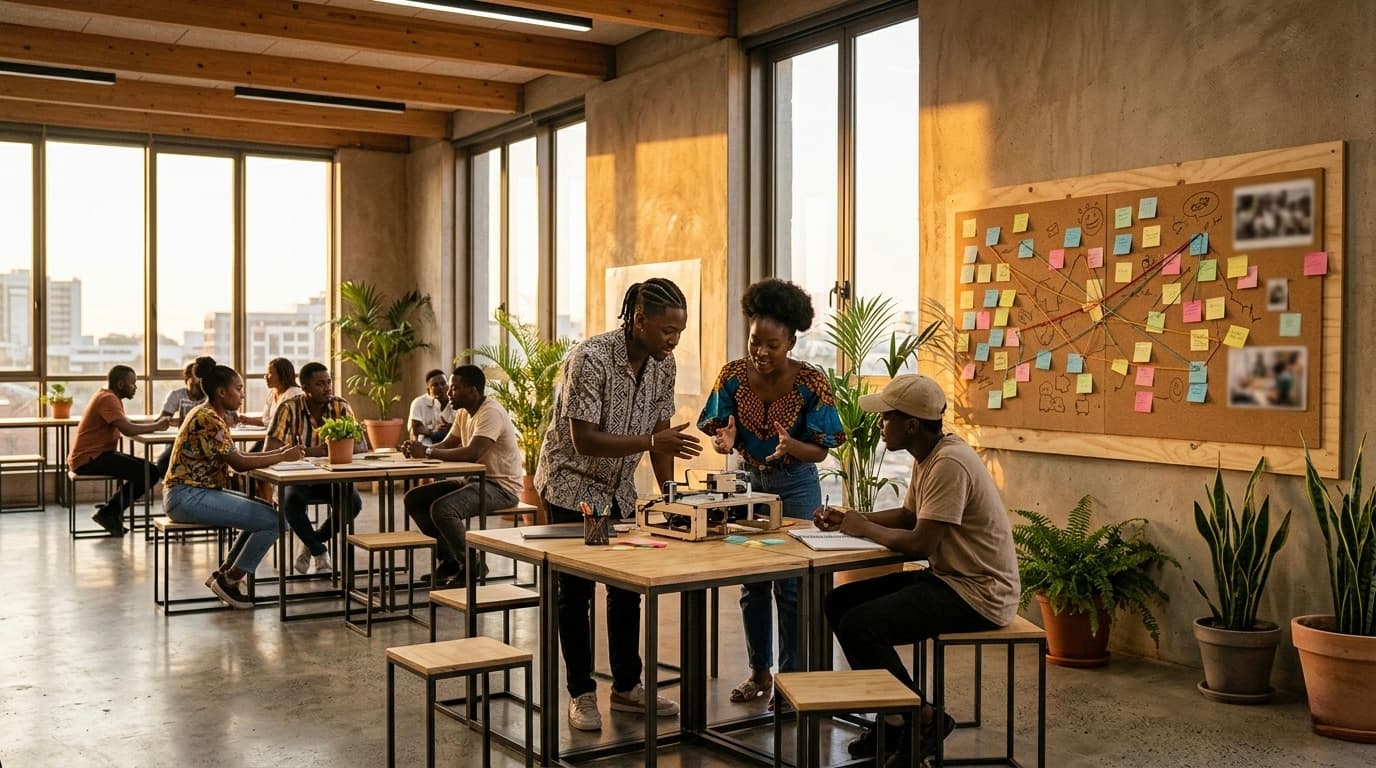 African youth founders collaborating in a community workspace